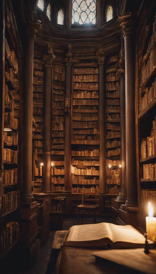 مكتبة قديمة مضاءة بالشموع مليئة بالكتب المتربة والهندسة المعمارية القوطية.