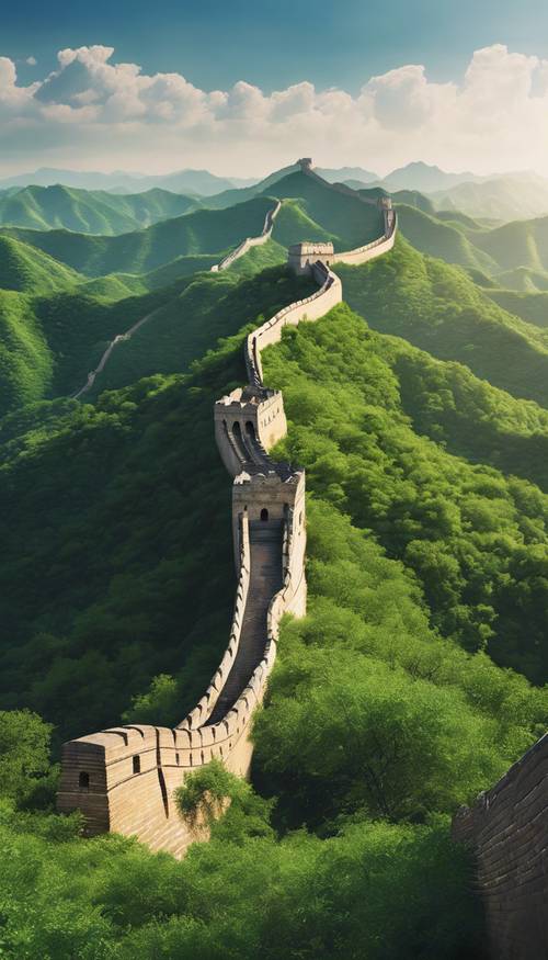 The Great Wall of China snaking through the green hills under a clear and sunny blue sky. Tapeta na zeď [fbf3afc487374a2c8a15]