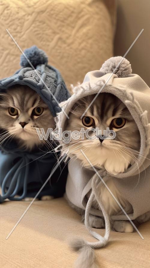 兩隻可愛的貓戴著可愛的帽子