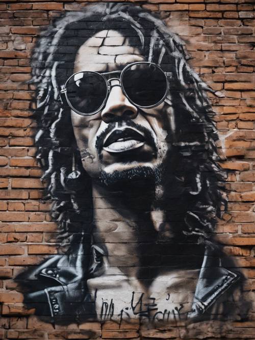 A black graffiti portrait of a famous rock musician adorns a brick wall in the city.