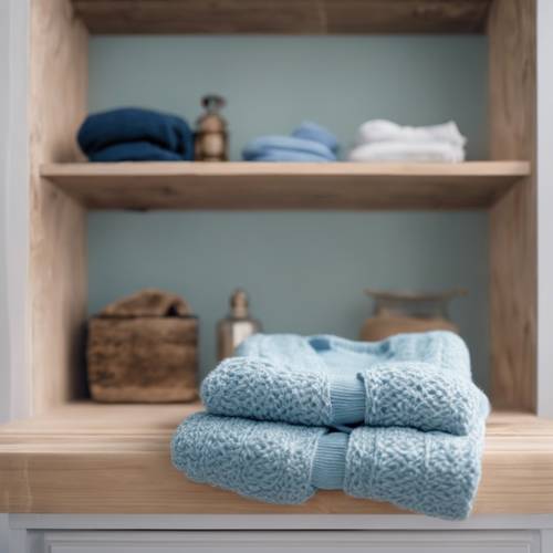 Pastelowy niebieski sweter starannie złożony na półce z efektem drewna.