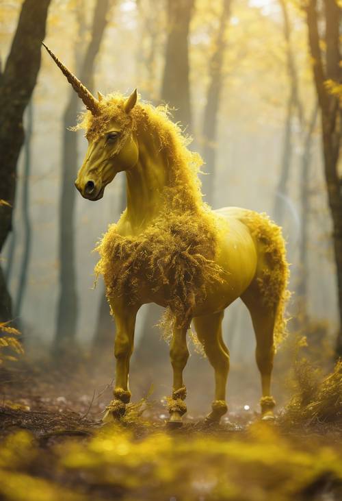 A mythical unicorn bathed in a brilliant yellow aura within a misty forest.