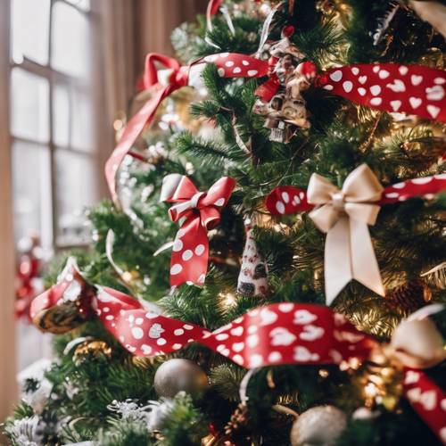 Şık inek desenli şerit fiyonklarla neşeyle dekore edilmiş Noel ağacı.