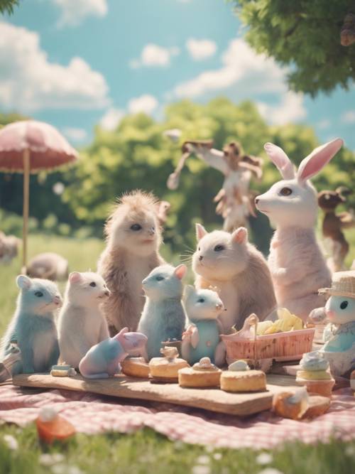 A group of kawaii-style animals at a picnic under the pastel blue summer sky.