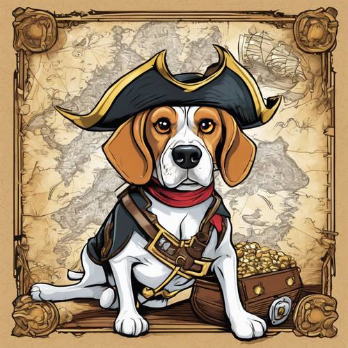A cartoon adventure featuring a swashbuckling beagle pirate with an eye patch and a treasure map.
