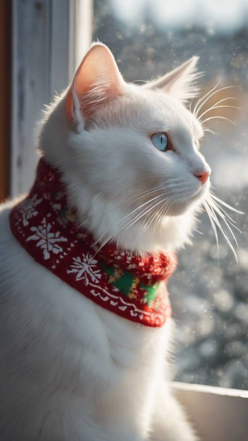 귀여운 휴일 스웨터를 입은 흰 고양이가 서리가 내린 창밖을 바라보며 산타의 도착을 기다리고 있습니다.
