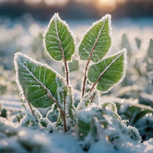 A trio of green leaves covered in sparkling frost under a winter dawn light.
