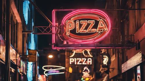 A glowing neon pizza sign hanging in a busy city street at night.