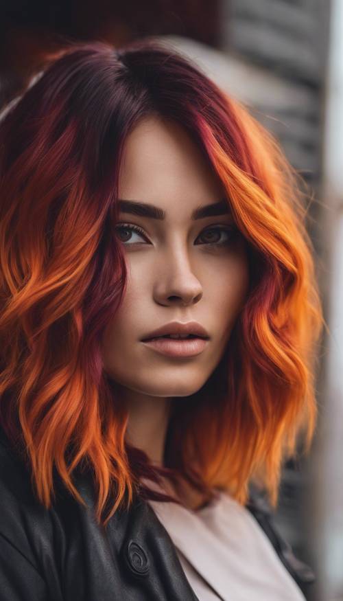 Bright orange to deep maroon ombre hair on a female model.