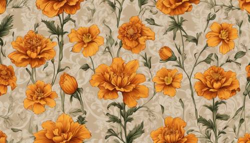 An ornate damask pattern showcasing an arrangement of marigolds and lilies on a warm hazel foundation.