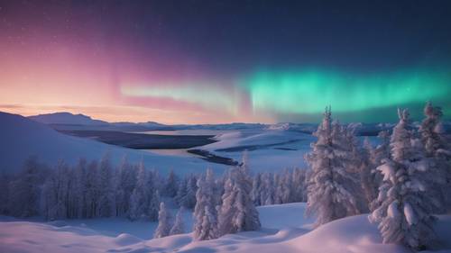 Neon mavisi tonlarındaki Kuzey Işıklarının yumuşak parıltısıyla aydınlatılan gece gökyüzünün altında karlı bir manzara.