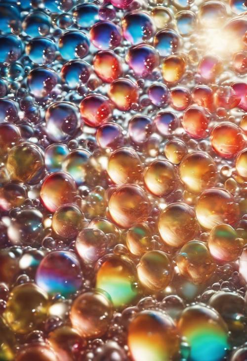 Repeating pattern of rainbow-colored soap bubbles in the sunlight.