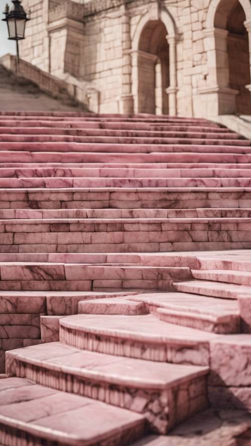 Serangkaian tangga marmer merah muda menuju ke kastil.