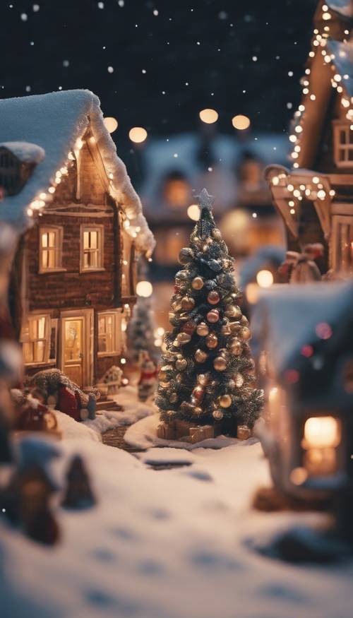 Zaśnieżona wioska bożonarodzeniowa z udekorowanymi domami i jasno oświetloną choinką pośrodku.