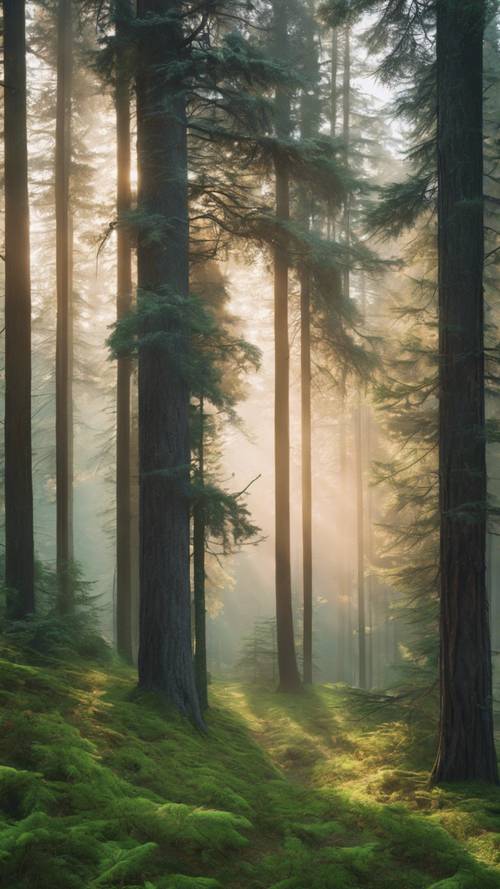 A stunning panoramic view of green coniferous forest in the misty early morning at sunrise. Tapeta [c0d9fc1374914ce3ab84]