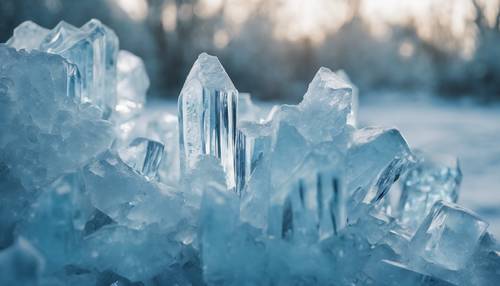 Geometric ice formations in icy blue hues within a serene winter wonderland.