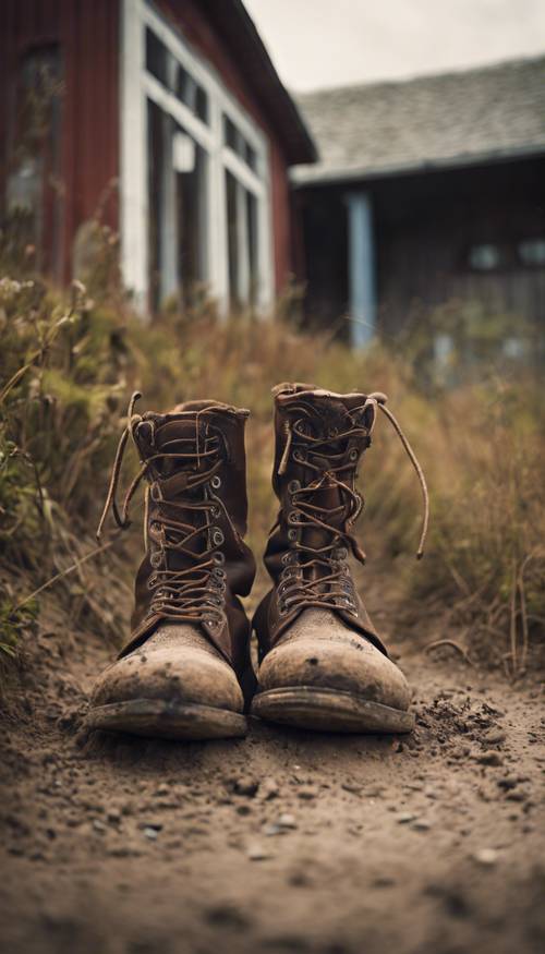 Un par de botas de campo cansadas descansando afuera de la puerta trasera de una casa rural, cubiertas de tierra y señalando un largo día de trabajo.