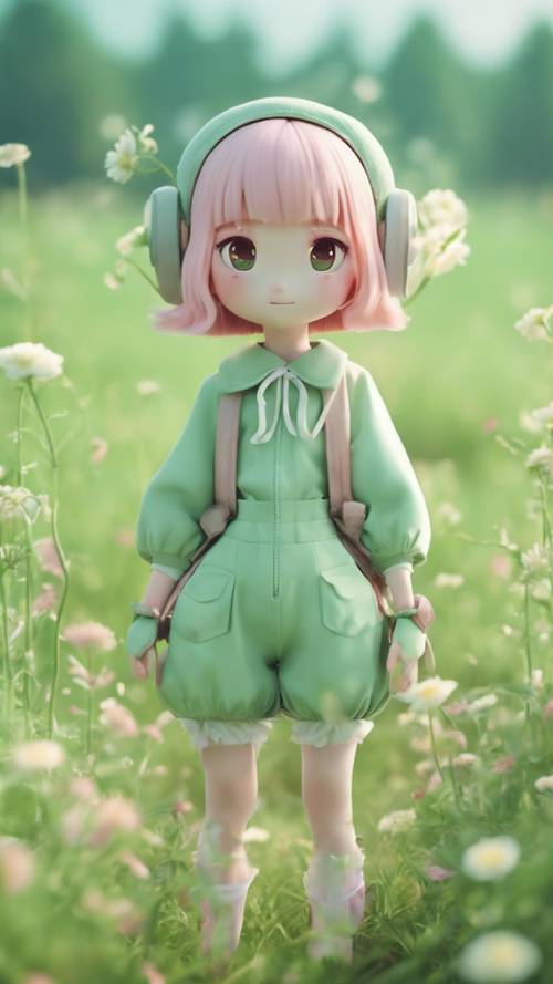 Pastel yeşili bir kıyafet giymiş, çayırda duran sevimli bir kawaii karakteri.