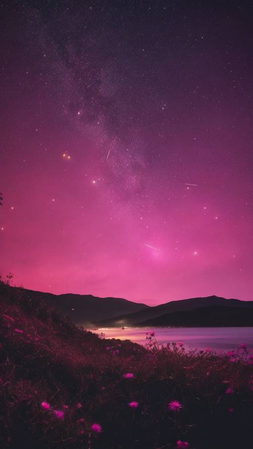 一颗流星划过漆黑的夜空，闪耀着鲜艳的粉红光芒。