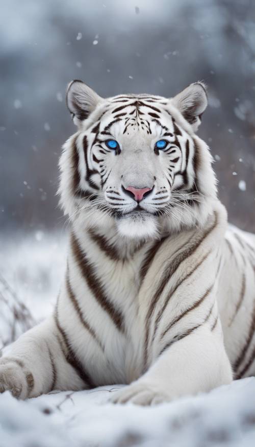 Un tigre blanc du Bengale aux yeux bleus assis majestueusement dans un champ couvert de neige.