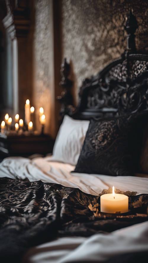 Lussuosa biancheria da letto damascata nera in una stanza del castello medievale illuminata da candele.