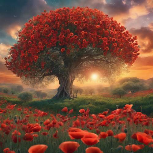 A tree of life, stretching tall towards an aurora-filled sky, flourishing amidst a field of vibrant poppies.