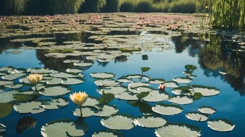 A bright blue sky reflected in a pond filled with water lilies.