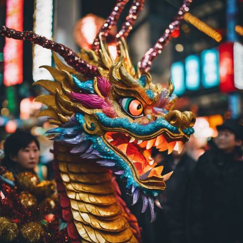 Tokyo&#39;da Yeni Yıl Arifesini kutlayan çok renkli bir Japon ejderhası.
