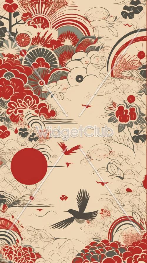 Japanese Style Nature and Crane Art