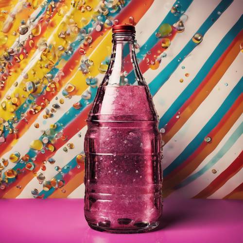 Поп-арт изображение старомодной бутылки из-под газировки со стилизованным шипением и яркими цветами.