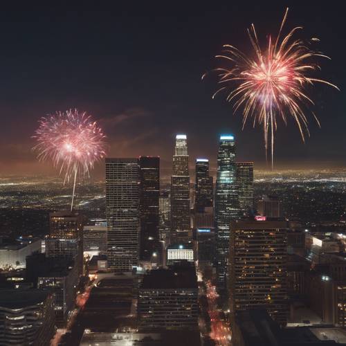 Los Angeles skyline from a downtown rooftop, featuring a vibrant display of fireworks.