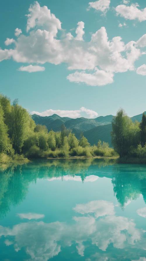 Una pianura blu turchese accanto a un lago calmo e simile a uno specchio.