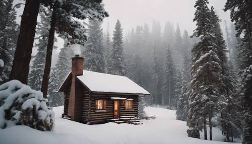A cozy wooden cabin nestled among snowy pines, smoke winding up from a welcoming chimney.