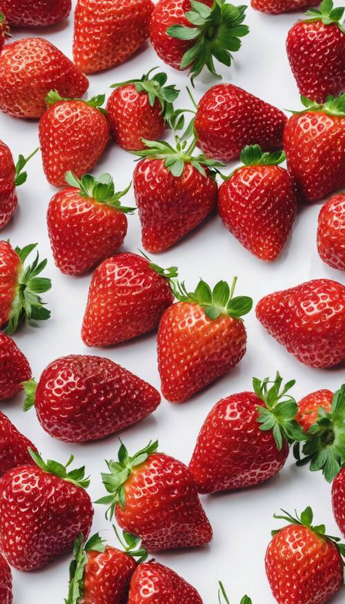 A collection of bright red strawberries forming a pattern on a plain white background.