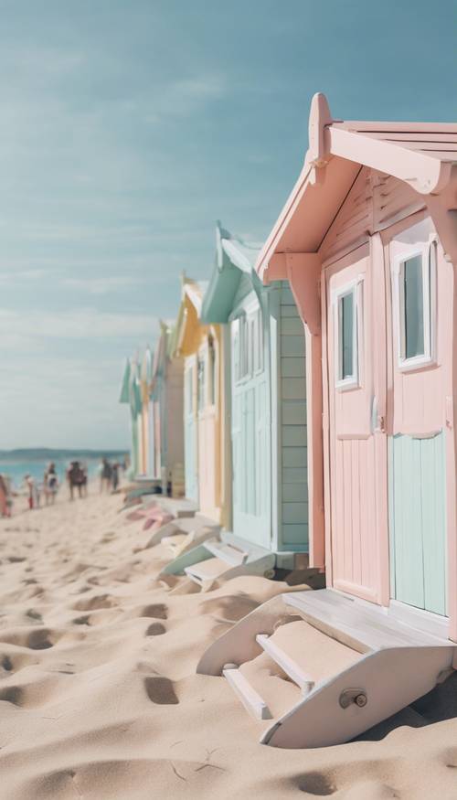 Un cadre de plage venteux avec des cabines de plage classiques aux couleurs pastel, symbolisant le style de plage preppy.