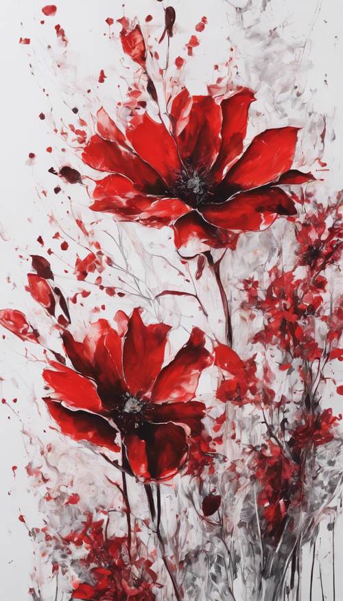 Abstract painting featuring red flowers on white background.