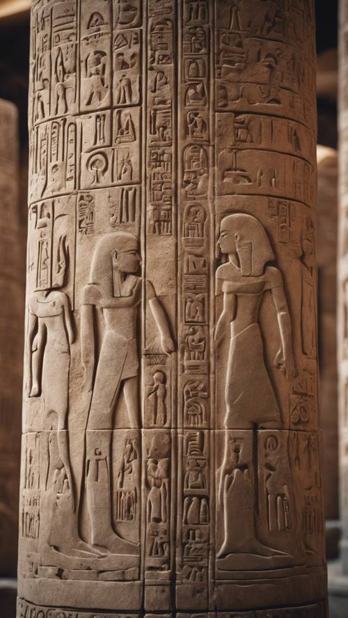 Hieroglif terukir pada pilar batu abu-abu di dalam makam Mesir kuno yang diterangi obor.