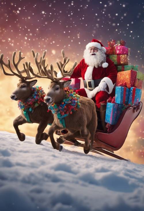 一位快乐的圣诞老人骑着装满色彩缤纷的礼物的雪橇，由一群神奇的驯鹿拉着在天空中飞翔。