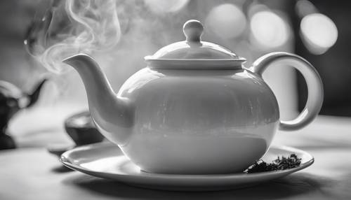 Bule de porcelana branca cheio de chá fumegante, salão de chá com tema preto e branco