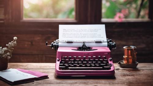 深粉色复古打字机放在一张旧木桌上，里面卷着一张白纸。