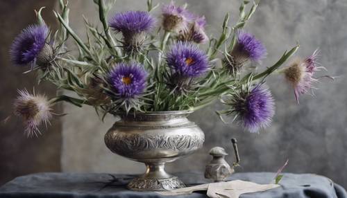 A still life painting of an arrangement of antique thistles and irises in a silver vase.