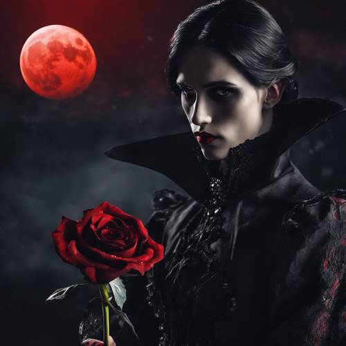 Un vampiro che tiene in mano un&#39;unica rosa nera sotto la luna rossa.