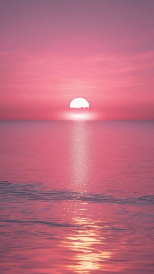 Matahari terbit minimalis berwarna merah muda di atas laut yang tenang