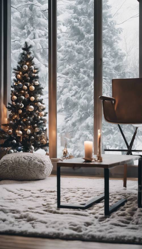 Una moderna sala de estar navideña con decoración minimalista y una gran ventana con nieve afuera.