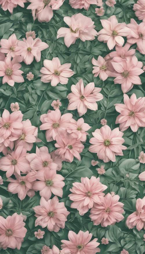 A vintage style floral wallpaper with intricate patterns of light pink flowers and green leaves.