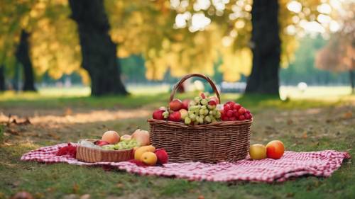 A picnic with a red-checked blanket and a basket of fresh fruits in a September park