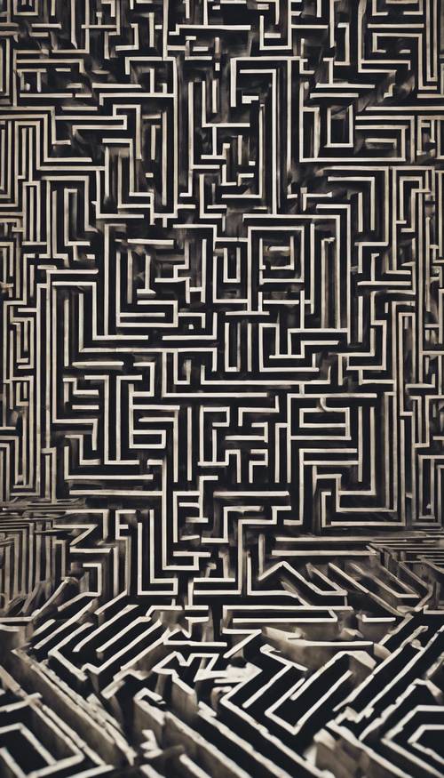 Un labyrinthe entièrement constitué de motifs géométriques sombres donnant une illusion de profondeur. Fond d&#39;écran [92bae146c8ac414e9dee]