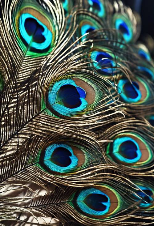 閃閃發光的黑色和藍色孔雀羽毛特寫，排列在裝飾扇中。
