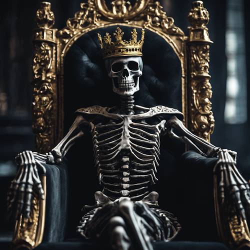 Czarny szkielet w koronie, zasiadający na ciemnym tronie w stylu gotyckim. Tapeta [7308c23283ab42c8996a]