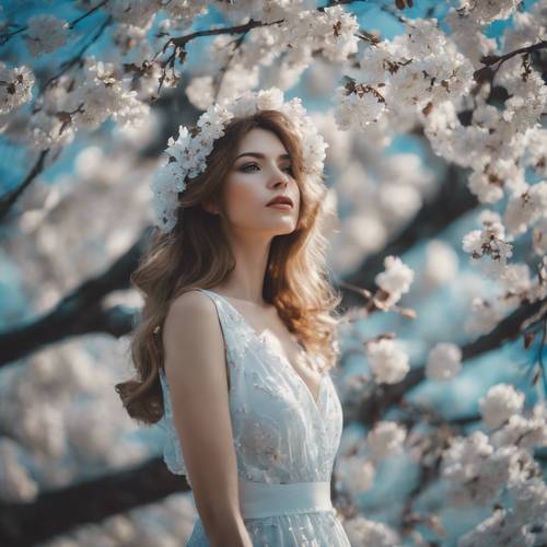 Một người phụ nữ trong bộ váy trắng cổ điển, đứng dưới gốc cây anh đào xanh đang nở hoa.
